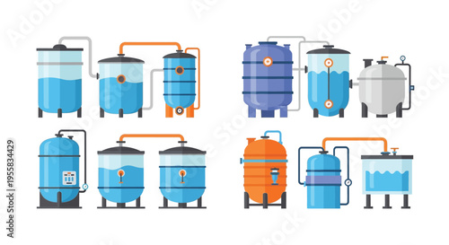 Collection of industrial water tanks and filtration systems in flat design