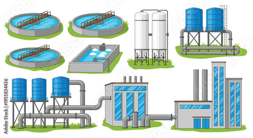 Illustration of a water treatment facility with tanks pools and buildings