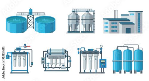 Industrial water treatment and purification facility with tanks and equipment