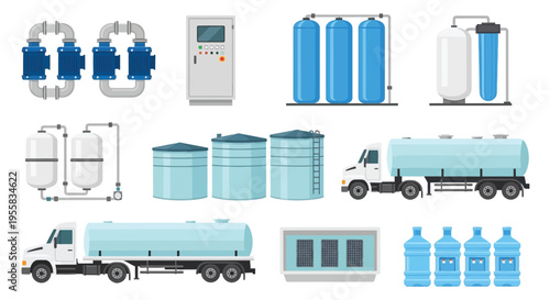 Water purification and storage system components including tanks and vehicles
