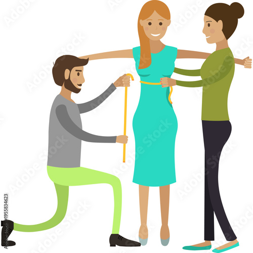 Taking measurements from client in sewing workshop vector icon