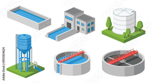Isometric illustration of various water storage and treatment facilities