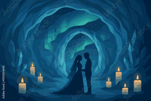 Couple stands together in a cave with candles around them during a nighttime wedding ceremony under the northern lights