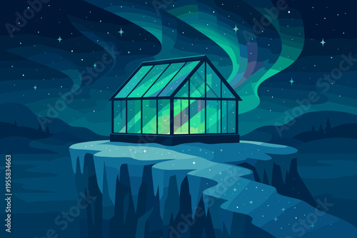Greenhouse sits on ice while northern lights shine in the night sky over a snowy landscape near a forest