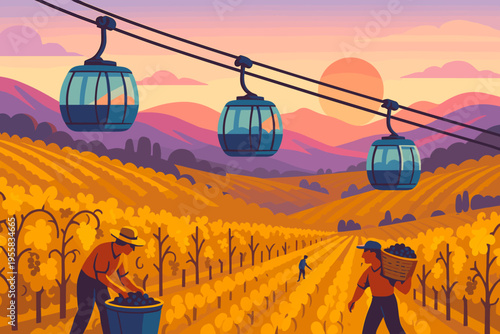 Workers harvest grapes in a vineyard with a cable car at sunset near rolling hills
