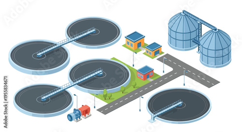 Isometric illustration of a water treatment and storage facility complex