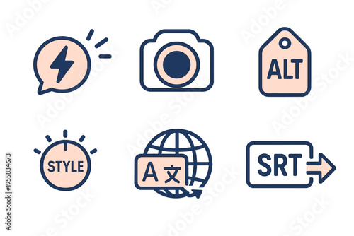 Icons representing various concepts of communication, photography, and translation displayed on a plain background