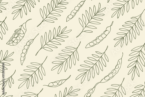 Pattern of green leaves and pods on a light background with simple line drawings used for fabric design or wallpaper