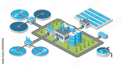 Isometric illustration of a modern wastewater treatment and recycling plant