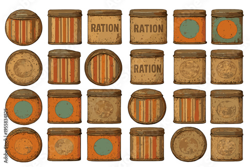 Cans with labels arranged in rows showing different colors and patterns from a vintage design