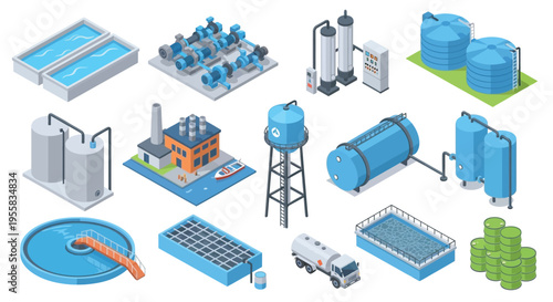 Isometric illustration of various water infrastructure components and treatment facilities