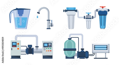 Various water filtration systems and components illustrated in a flat style