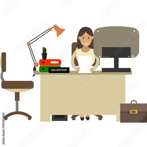 Woman working on computer at reception desk vector icon