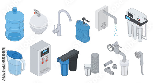 Isometric illustration of various water filtration and dispensing systems