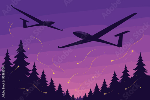 Two gliders fly through a sunset sky above trees with fireflies on a summer evening
