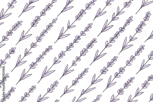 Lavender stems arranged in a repeated pattern across a white background during daylight