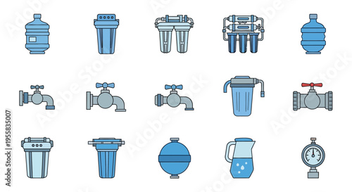 Various water filtration systems and components in a blue color scheme