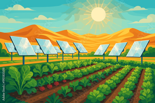 Solar panels capture sunlight over a vegetable farm in a sunny desert landscape during midday
