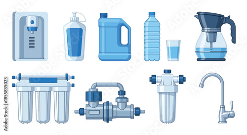 Various water filtration and dispensing systems illustrated in a clean style