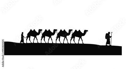 Camel caravan crossing desert landscape a striking black silhouette