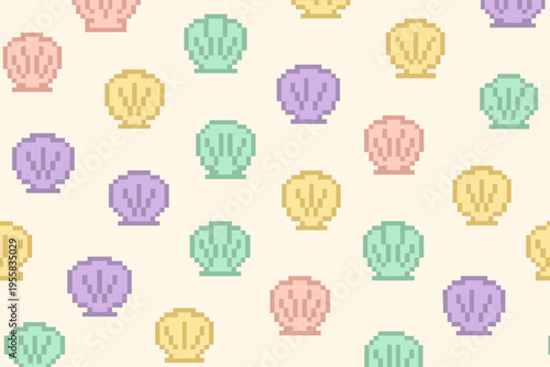 Colorful shells in a repeated pattern on a light background create a playful design for various decorative uses