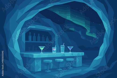 Creative bar setup inside a cave with colorful drinks and northern lights visible in the background