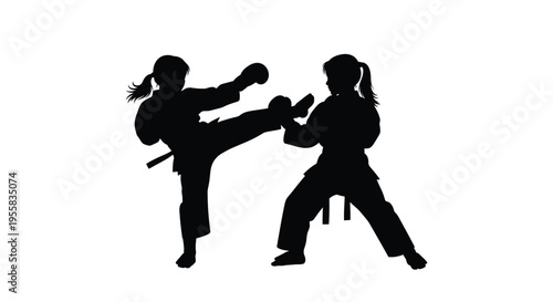 Two women practicing martial arts in a dynamic black silhouette