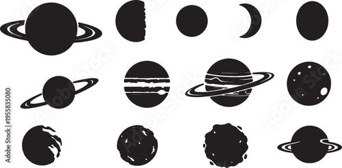 Collection of celestial bodies and moon phases illustrated in black and white