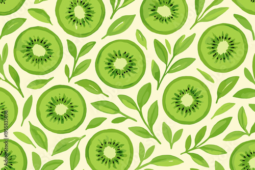 Design showing green kiwi slices with leaves arranged on a light background for a nature-inspired theme