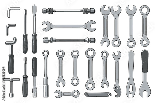 Different types of tools are arranged on a white background showing wrenches, screwdrivers, and other hand tools used for repairs