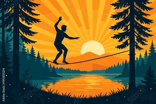 Balancing on a tightrope over a river with mountains and a sunset in the background near tall trees and grass