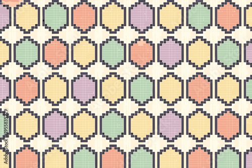 Colorful geometric pattern with pastel shapes in a repeated design across a flat surface