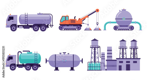 Industrial facilities and vehicles a cartoon illustration of oil and gas