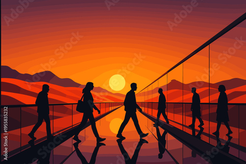People walk along a glass pathway at sunset with mountains in the background