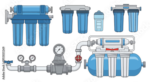 Various water filtration systems and components illustrated in a graphic design