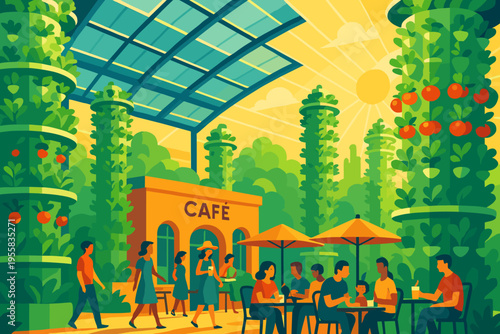 People spend time in a garden cafe with plants and sunshine in the morning