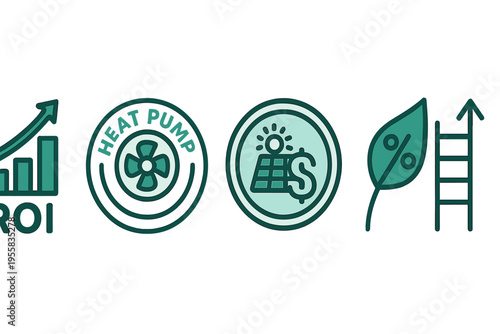Graphic showing concepts of return on investment, heat pumps, renewable energy, and growth in eco-friendly technology