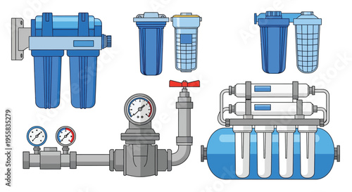 Various water filtration systems and components displayed in a colorful illustration