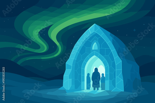 People standing outside an ice structure under the northern lights in a dark sky at night