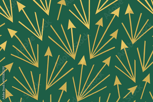 Pattern of golden arrows pointing in various directions on a green background