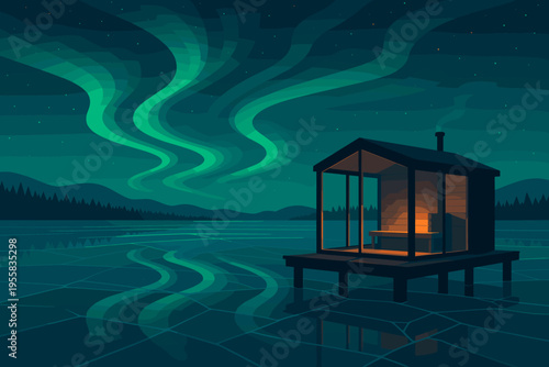 Northern lights shine over a cabin on a lake in a quiet night scene