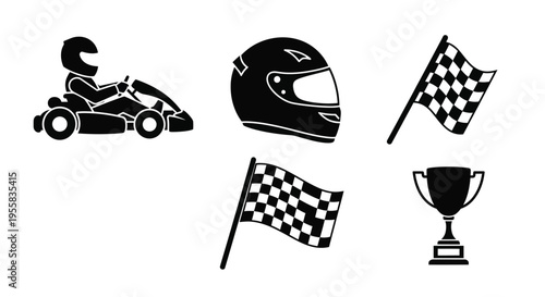 Racing icons featuring a kart helmet flags and trophy silhouette