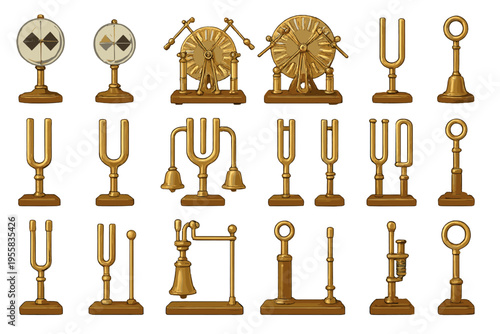 Different types of scientific instruments made of gold are shown on a plain background during a display