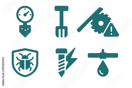 Different tools and symbols related to construction and pest control, displayed in a clear layout on a plain background
