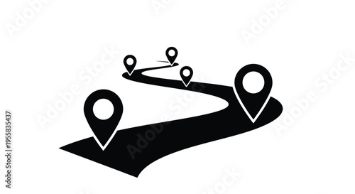 A winding road with location pins depicted as a bold silhouette