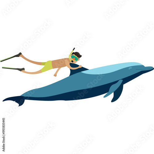 Male tourist in snorkeling mask swimming with dolphin vector icon