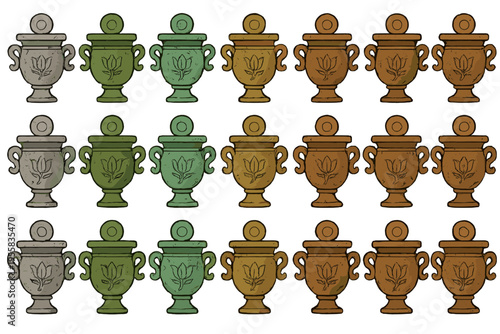 Colorful collection of urns arranged in rows with various colors and shapes on a plain background
