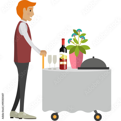 Hotel room service, waiter delivering dinner on trolley cart vector icon