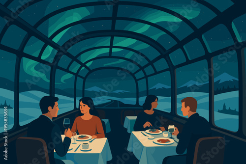 Couples dining in a train with northern lights in the night sky over snowy mountains in winter