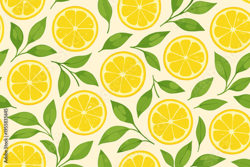 Yellow lemon slices and green leaves design on a light background for bright decor and fresh themes
